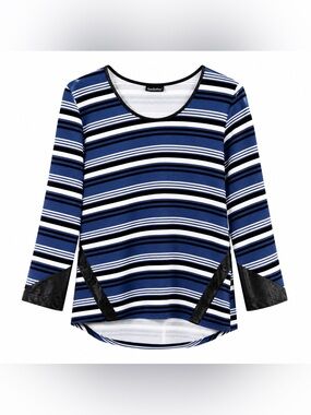 Women’s Striped Blue & White Scoop-Neck Long Sleeve Top with Black Trim